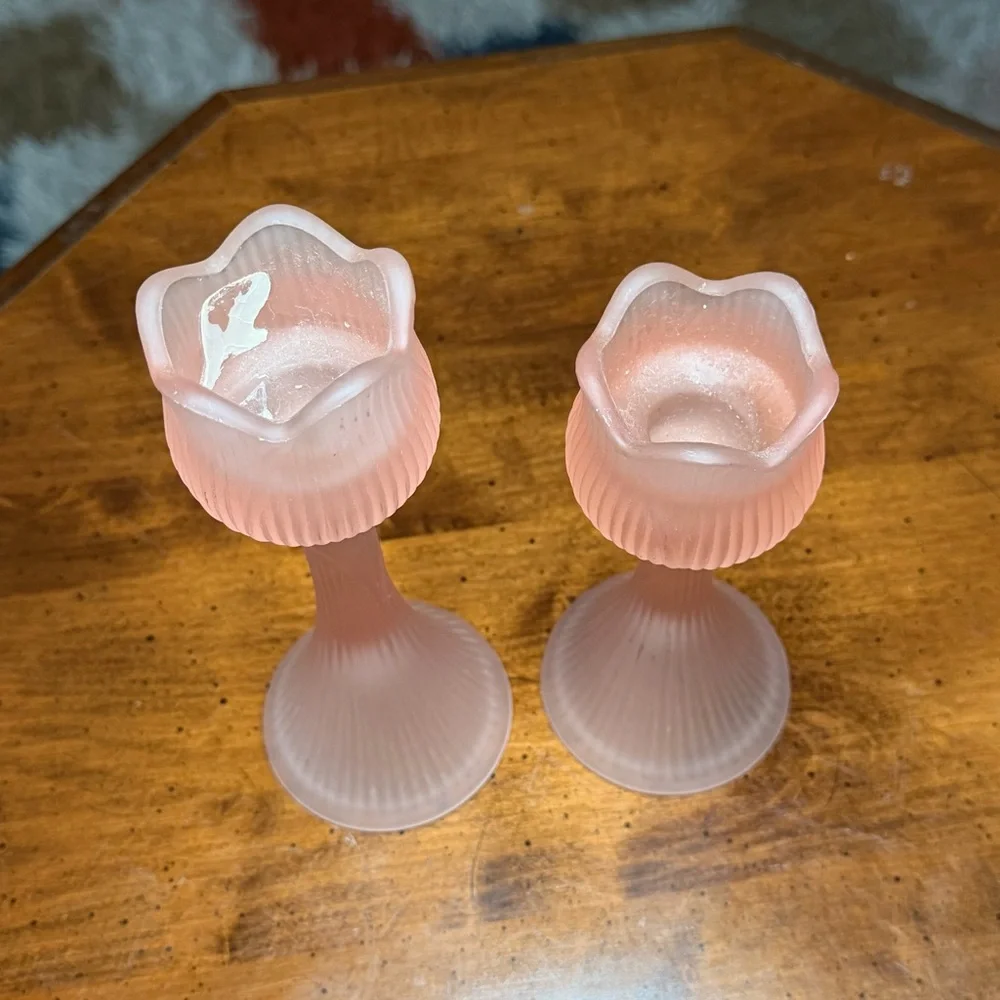 Vintage Pair of Pink Frosted Glass Flower Candle Holders Ribbed Indoor Decor